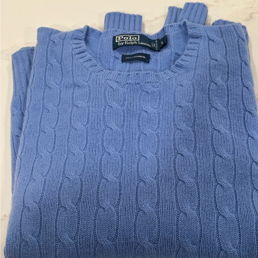 Polo by Ralph Lauren Classic Blue Cable-Knit 100% Cashmere Crewneck Sweater